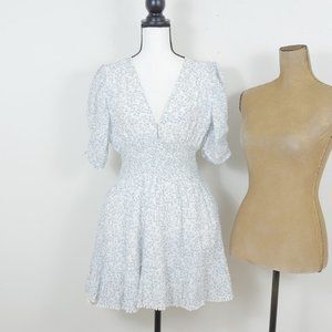 Cleobella White Blue Floral Deep V Puff Sleeve Elastic Waist Size Small Dress